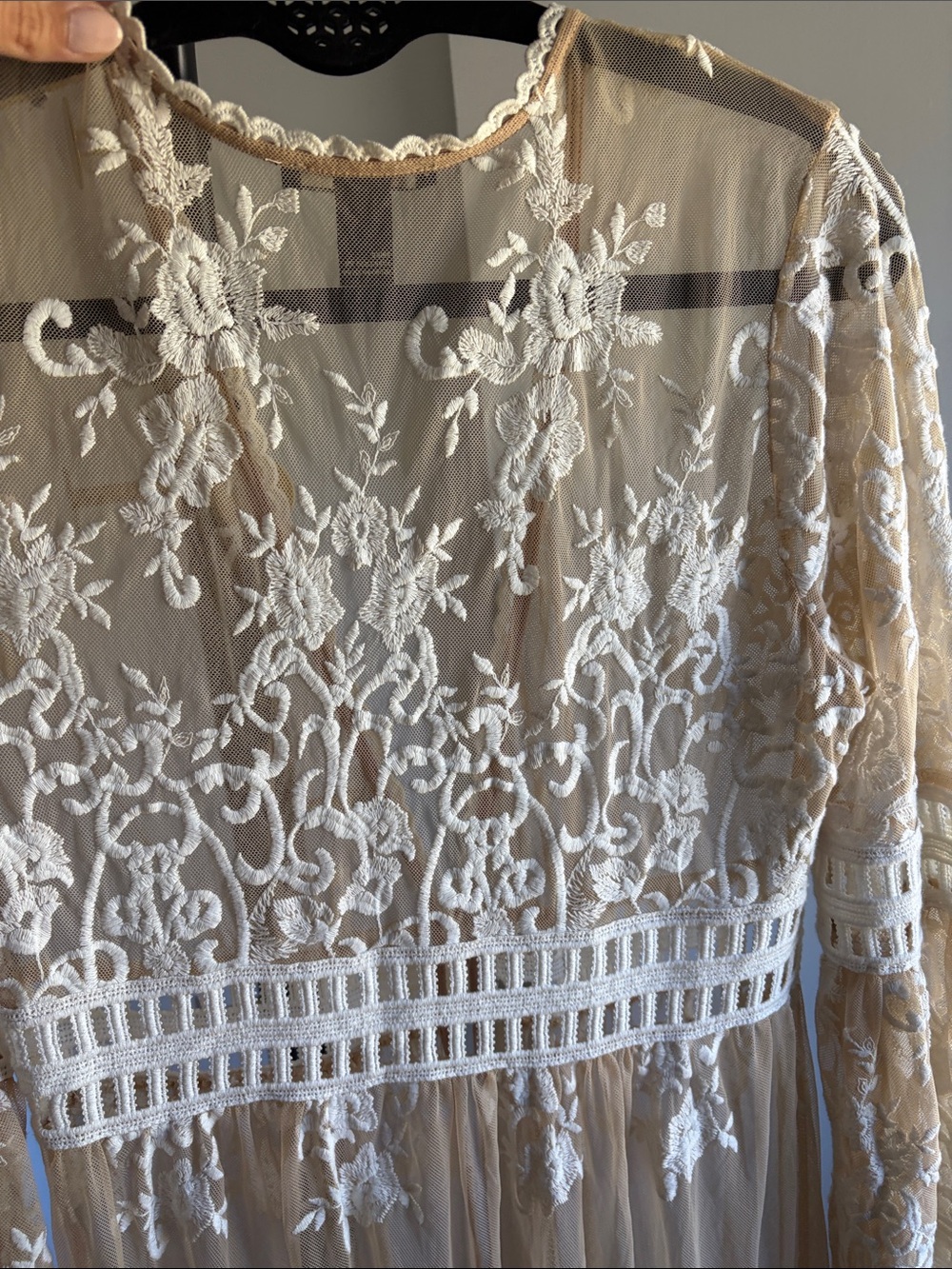 Sz M Embroidered floral lace chiffon floor length kimono style sheer cover up - Picture 6 of 6